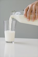 Man pouring milk into glass.