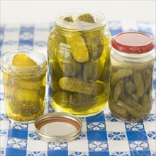 Close up of pickles in jars. Date : 2008