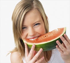 Woman eating watermelon. Date : 2008