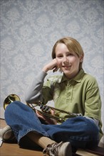 Boy holding trumpet. Date : 2008