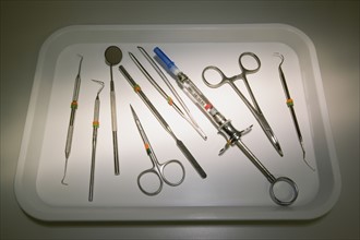 Dentist tools on tray. Date : 2008