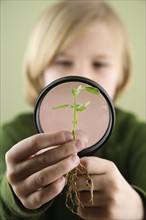 Boy examining plant through magnifying glass. Date : 2008
