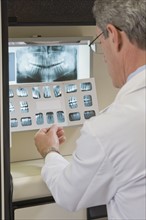 Male dentist examining x-rays. Date : 2008