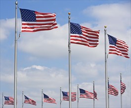 Low angle view of American flags, Washington DC, United States. Date : 2008