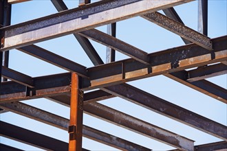 Low angle view of steel beams at construction site. Date : 2008