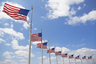 Low angle view of American flags. Date : 2008