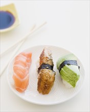 Assortment of sushi on plate. Date : 2008