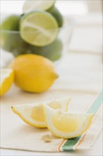 Close up of lemon and lime slices. Date : 2008