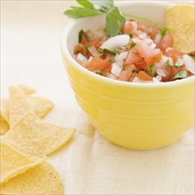 Close up of salsa and tortilla chips. Date : 2008