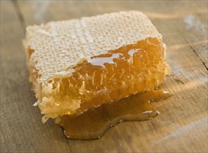 Close up of honeycomb dripping honey.