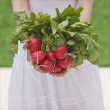 Woman holding fresh radishes.