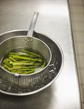 Asparagus cooling in ice water. Date : 2008