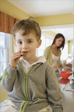 Boy eating cookie on kitchen counter. Date : 2008