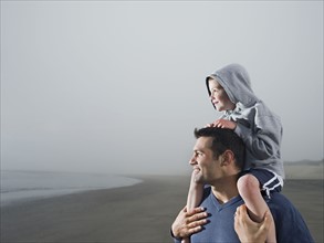 Father carrying son on shoulders on beach. Date: 2008