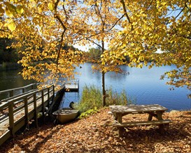 Picnic bench in autumn leaves near dock and lake. Date: 2008