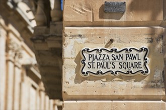 Close up of St. Paul’s Square street sign, Mdina, Malta.