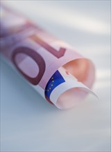 Close up of ten euro bill.