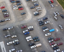 Aerial view of cars in parking lot. Date: 2008