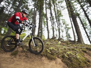 Mountain biker riding on forest trail. Date : 2008
