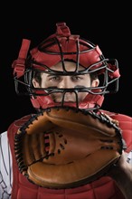 Close up of baseball catcher wearing protective equipment. Date: 2008