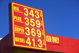 Gasoline prices advertised on gas station sign. Date : 2008