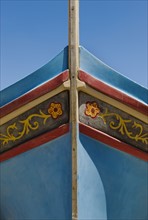 Close up of bow of Luzzu fishing boat.
