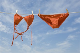 Bikini hanging from clothesline.