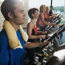 Men and women on elliptical trainers. Date: 2008