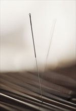 Close up of acupuncture needle.