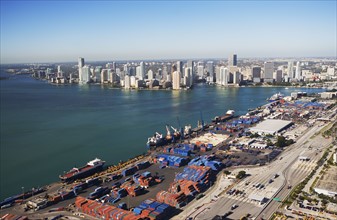 Aerial view of waterfront city and port. Photographe : fotog