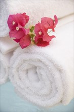 Spa towels and tropical flower. Photographe : mark edward atkinson