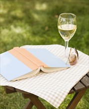 Wine glass and book on outdoor table. Photographe : Jamie Grill