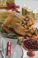 Thanksgiving turkey on decorated platter.