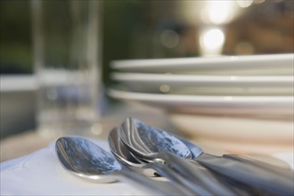 Close-up of cutlery and plates on dinner table. Photographe : mark edward atkinson