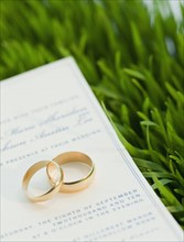 Wedding rings and marriage certificate on grass. Photographe : Jamie Grill