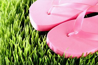 Pair of pink Flip-Flops, close-up. Photographe : Joe Clark