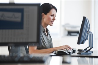 A businesswoman using a computer.