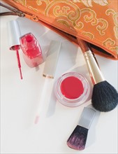 A make up bag with assorted make up