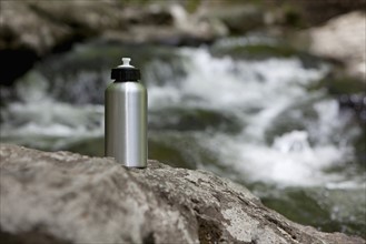 A reusable water bottle in the woods