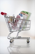 A miniature shopping cart with bank notes and coins.