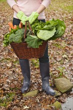 Woman holding basket of vegetables.