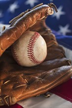 Baseball and American flag.