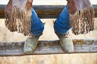 Cowboy boots on fence.