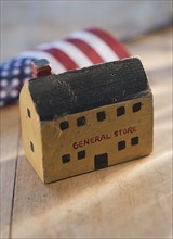 Antique wooden toy and American flag.
