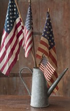 American flags in watering can.