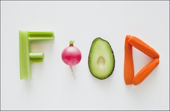 Vegetables spelling the word food. Photographer: Mike Kemp