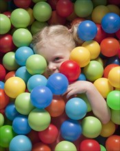 Girl hiding under balls. Photographer: Mike Kemp