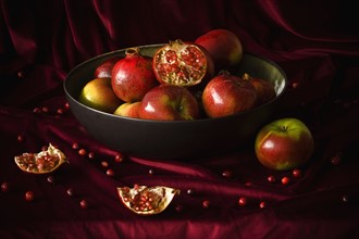 Bowl of pomegranates and apples. Photographer: Joe Clark