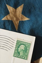 Postcard on American flag.