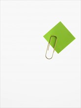 Paper clip and green paper. Photographer: David Arky